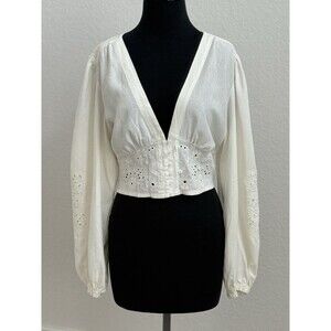 House of Harlow 1960 Linen Blend V Neck Eyelet Lace Long Sleeve Blouse Romantic